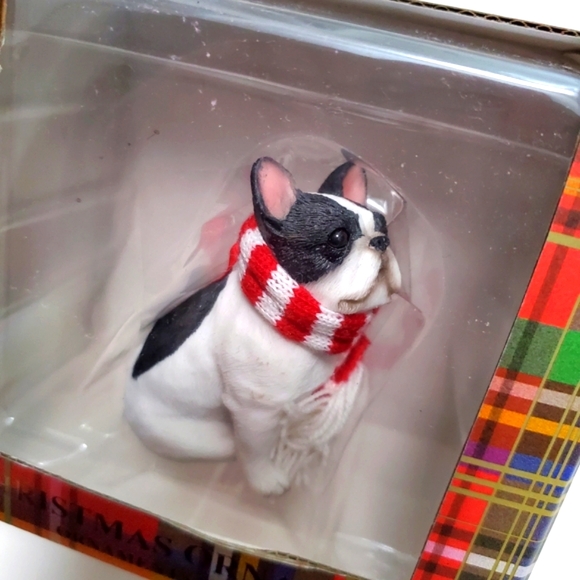 Christmas Tree Ornament Adorable French Bulldog Pup Figurine Red & White Scarf - Picture 15 of 16